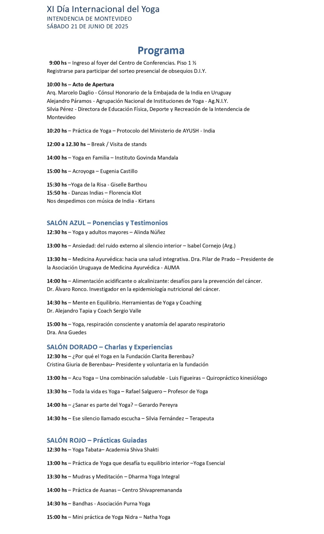programa completo de actividades de Junio Mes del yoga en Uruguay